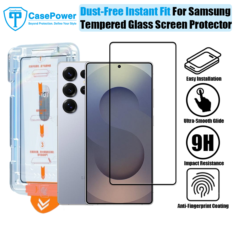 CasePower ปราศจากฝุ่น 9H กระจกนิรภัยสําหรับ Samsung Galaxy S25 S24 S23 S22 S21 Ultra Plus Edge S25 FE Anti-Shatter HD ป้องกันหน้าจอพร้อมการติดตั้งเพียงคลิกเดียวและชุดติดตั้งฟรี