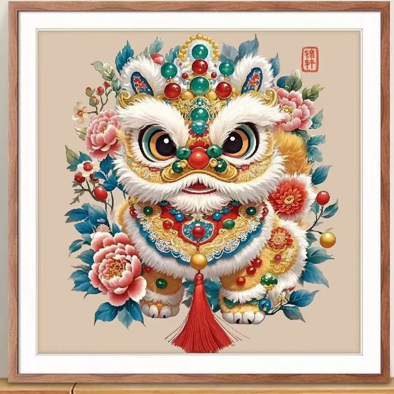 【60x60cm-11CT】[JinXuan] ขายร้อนสิงโตครอสติชแม่นยำพิมพ์จีนมงคลรูปแบบเย็บปักถักร้อยมือปักเอง