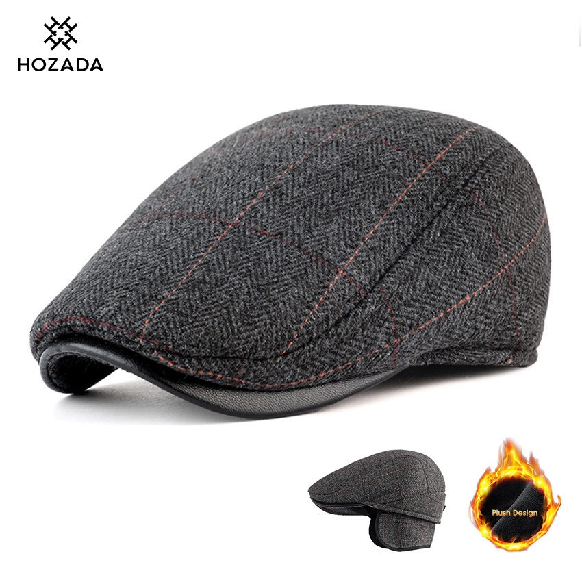 HOZADA หมวกเบเร่สำหรับผู้ชาย ออกแบบมาเพื่อฤดูใบไม้ร่วงและฤดูหนาว ทำจากผ้าขนสัตว์หนา อุ่นและปกป้องหู