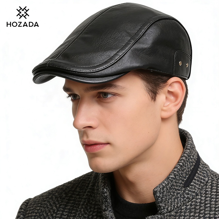 HOZADA ผู้ชายs Beret หมวกฤดูใบไม้ร่วงและฤดูหนาว PU หมวกพักผ่อนหมวกเย็นและ Warm Beret แฟชั่น Retro หมวกสําหรับวัยกลางคนและวัยชรา