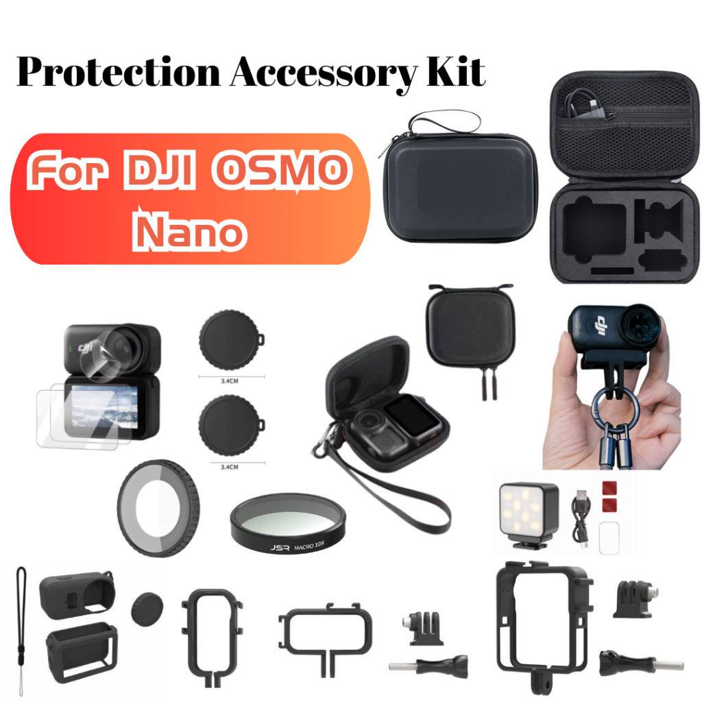 ชุดอุปกรณ์เสริมป้องกันกล้องสําหรับ DJI OSMO NANO HD กระเป๋าเก็บฟิล์มกระจกนิรภัยกระเป๋าถือเคสซิลิโคนกรอบป้องกันเลนส์ Guards Anti-lost Lanyard อะแดปเตอร์ขยาย