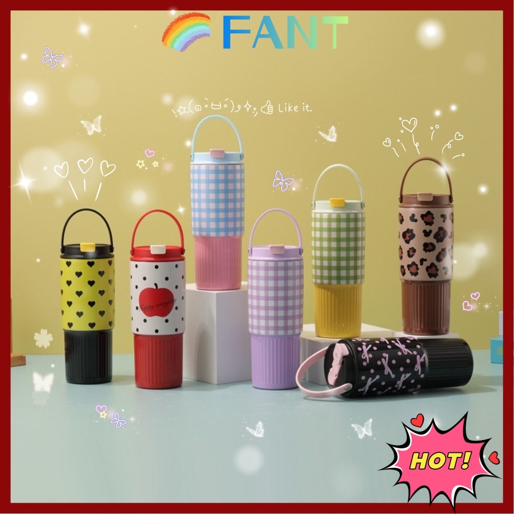 FANT ถ้วยคิงสแตนเลส,โบว์รักพิมพ์ตารางด้วยถ้วยฟางสูญญากาศแบบใช้มือถือ,ฉนวนกันความร้อนที่ทนทานหรือความเย็น 800ML ถ้วยสูญญากาศของขวัญ