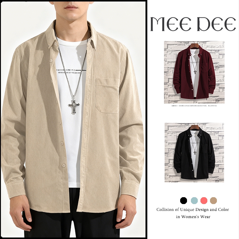 เสื้อเชิ้ตมินิมอลสีทึบแขนยาวสไตล์เกาหลีสำหรับใส่ลำลองอย่างสบาย