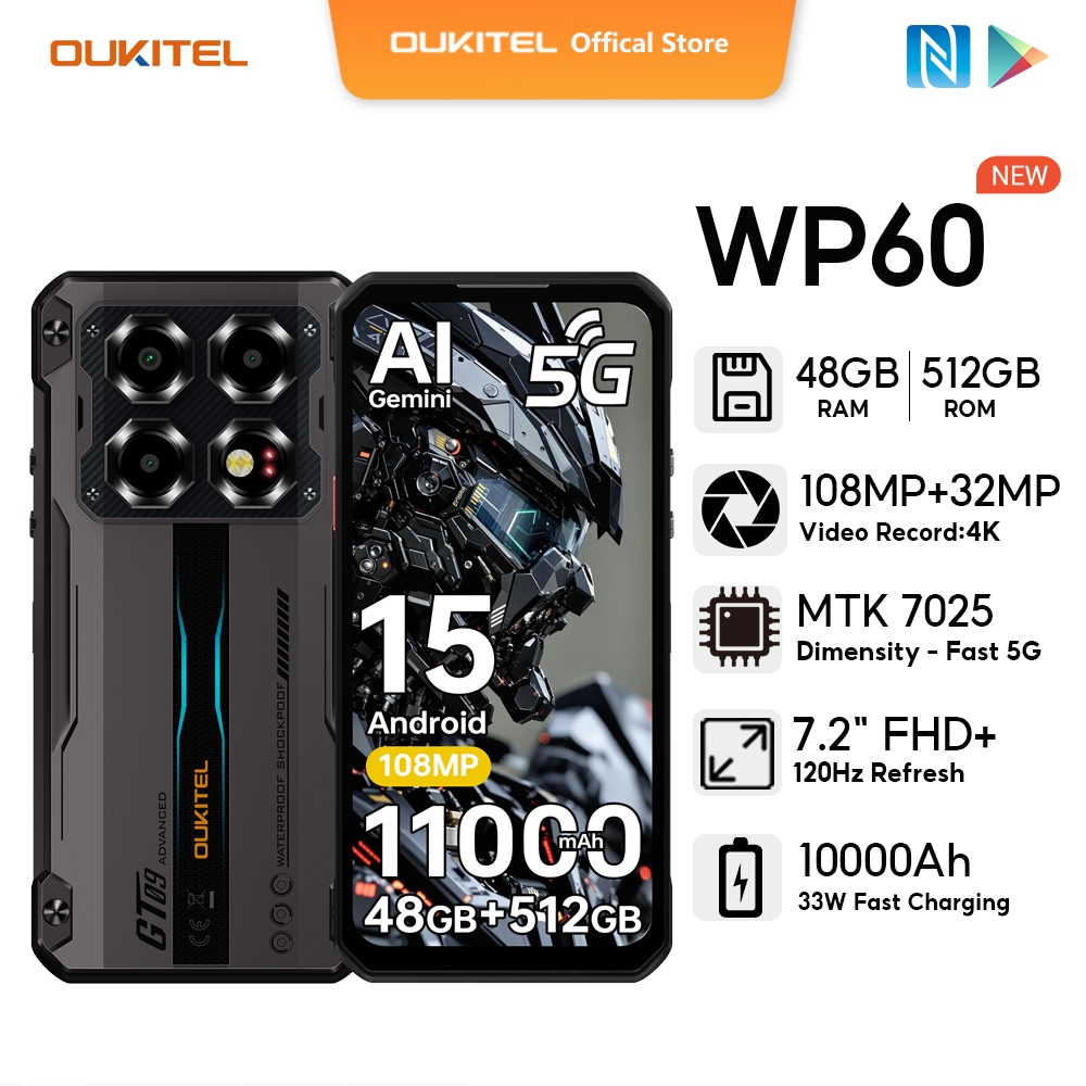 [สต็อกท้องถิ่น] OUKITEL WP60 5G 48GB+512GB​​ สมาร์ทโฟน 108MP+32MP 5G ​​7.2 FHD+ 120Hz Resfersh Rate Display 10000mAh Handphone MobilesCamera Android 15