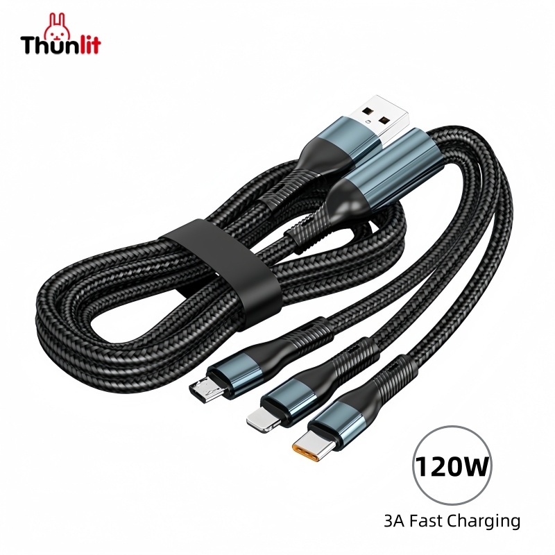 Thunlit 3-in-1 Fast สายชาร์จ 120W สายชาร์จ Braided Data Cable Type-C Super Fast Charge รถ 1-to-3 Huawei โทรศัพท์ Universal