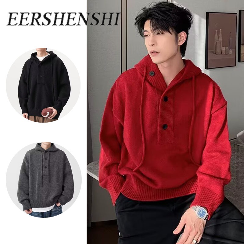 เอร์เชนชิ เสื้อกันหนาวมีฮู้ดทรงหลวมสําหรับฤดูใบไม้ร่วงฤดูหนาวสําหรับผู้ชายเสื้อถักแฟชั่นสําหรับสวมใส่ทุกวัน