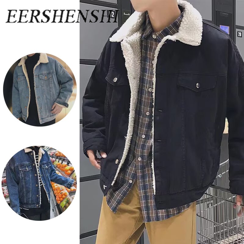 เสื้อแจ็คเก็ตยีนส์แบบอเมริกา มีปกเหมือนขนแกะ สไตล์ใหม่