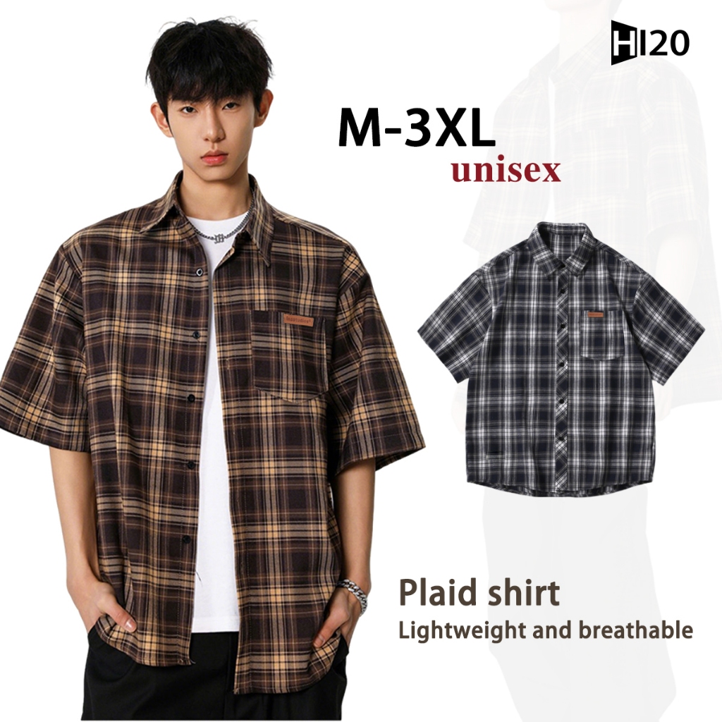 HI20 เสื้อเชิ้ตแขนสั้นสไตล์สตรีทเรโทรลำลอง เหมาะสำหรับใส่ไปทำงานและเดินทาง สไตล์วิทยาลัย ใส่ได้ทั้งชายและหญิง ลายตาราง สไตล์อเมริกัน ทรงหลวม ผ้าคอตตอน น้ำหนักเบา สบาย ใส่แมทช์ง่าย สำหรับผู้ชาย พร้อมส่ง