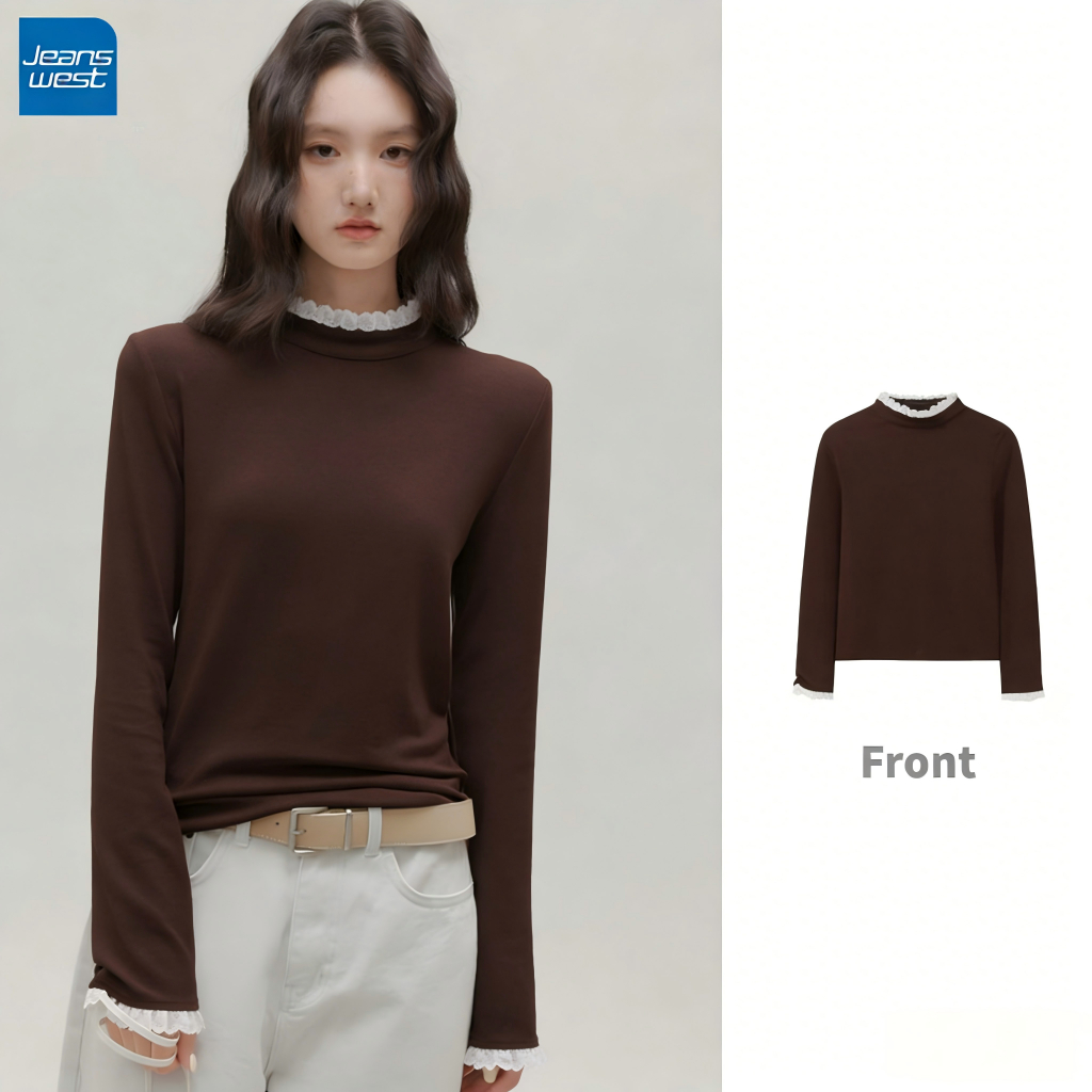 Jeanswest กั๊กยีนส์ ตัวในแขนยาวขอบลูกไม้ คอนี้สูง สไตล์ครึ่งตัว สำหรับผู้หญิง