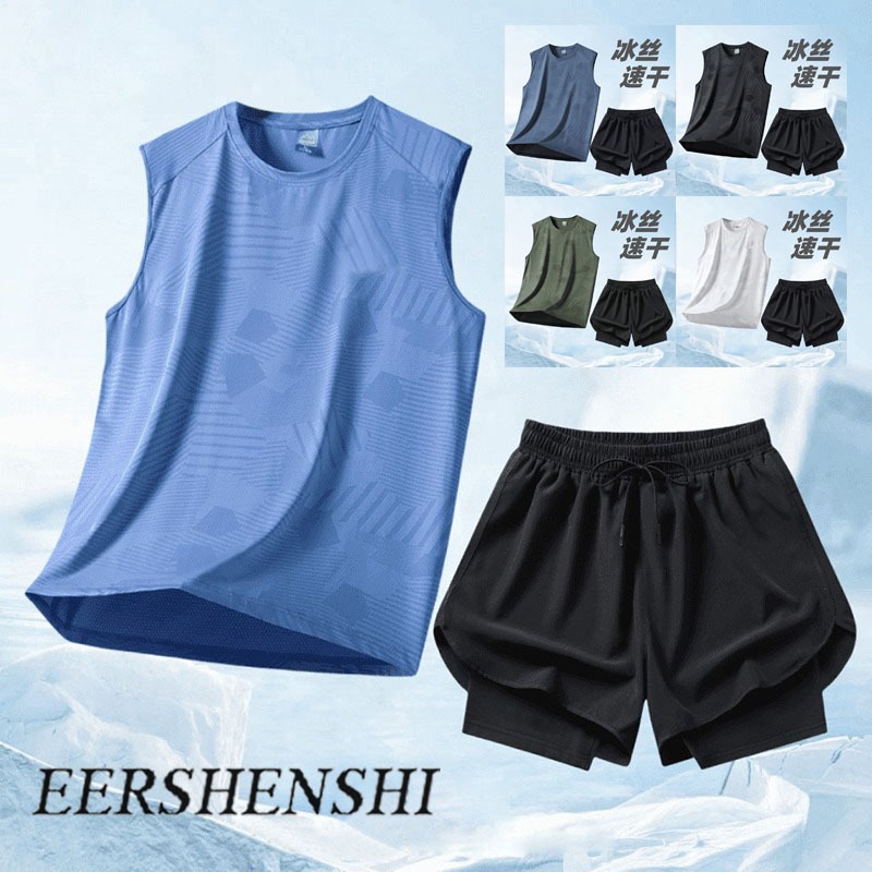 EERSHENSHIE ชุดฟิตเนสผ้าไหมน้ําแข็งแห้งเร็วสําหรับผู้ชายฤดูร้อนบาสเก็ตบอลฝึกซ้อมยิมลําลอง