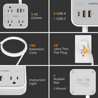 TESSAN สายต่อพ่วงพร้อมพอร์ต USB และ Type C ปลั๊กแบน รางปลั๊กไฟแบบพกพา คุณภาพสูง