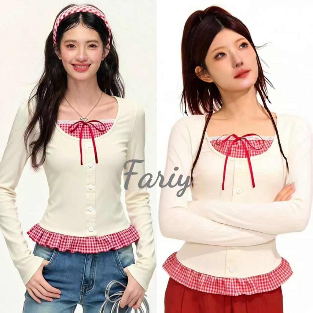 Fariy🍒คลังสินค้าพร้อม🍒 เสื้อยืดแขนยาวลายสก็อตแบบสองชิ้น เสื้อตัวในสำหรับผู้หญิง ฤดูใบไม้ผลิและฤดูใบไม้ร่วง เสื้อครอปสั้นหวานๆ เปรี้ยวๆ