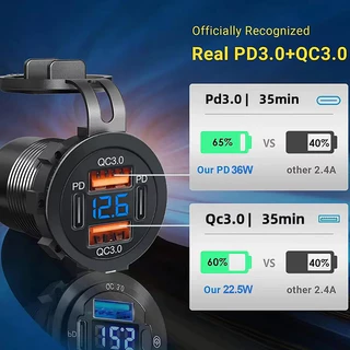 🚚ท้องถิ่น🚚 83W Dual PD Dual QC 3.0 USB Car Charger พร้อมโวลต์มิเตอร์ Socket Power Outlet Adapter กันน้ําสําหรับ 12 V/24 V รถเรือ