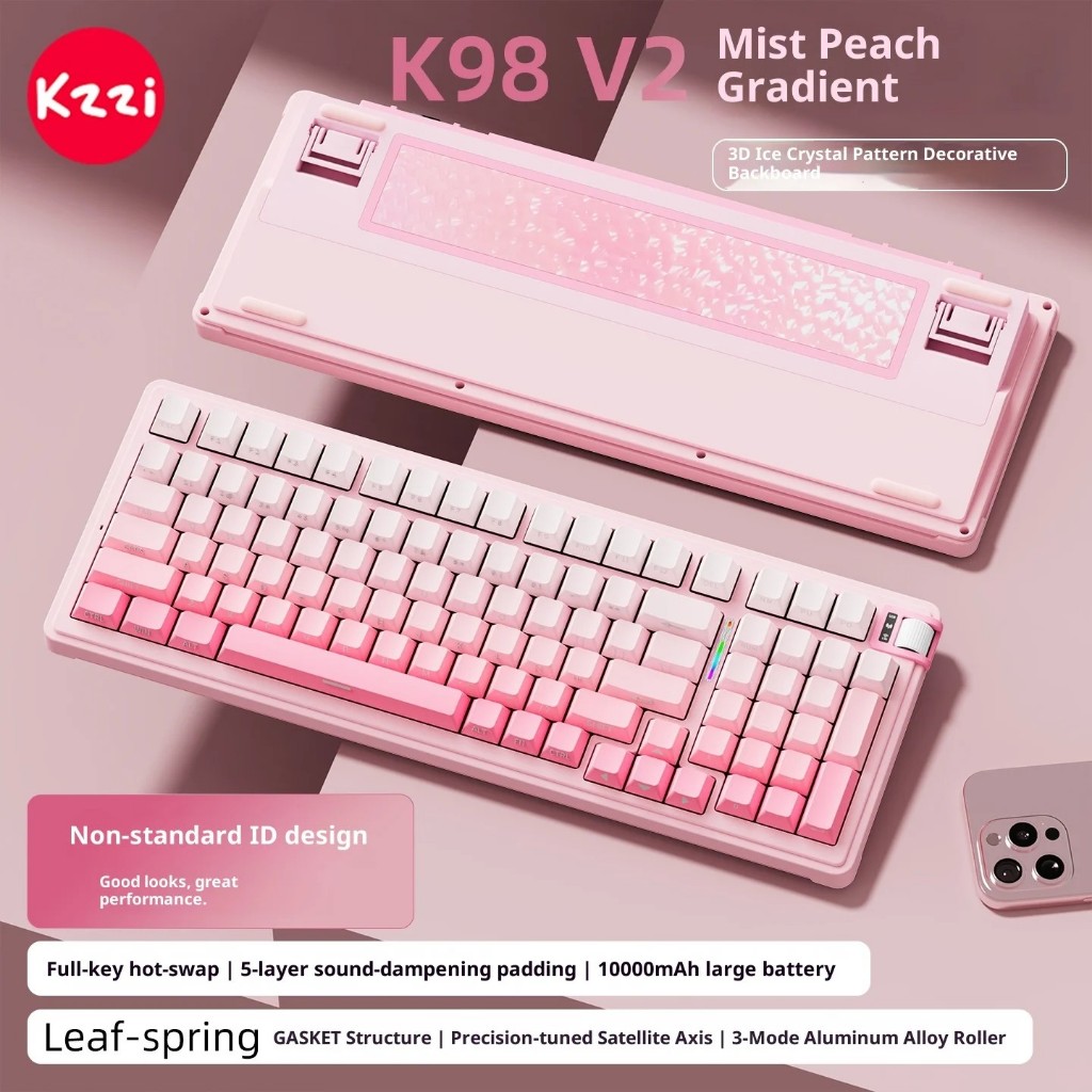 KZZI K98 V2 10000mAh คีย์บอร์ด 3 โหมด RGB พร้อมลูกบิด Numpad Full-key Hot Swappable ปะเก็นคีย์บอร์ดเ