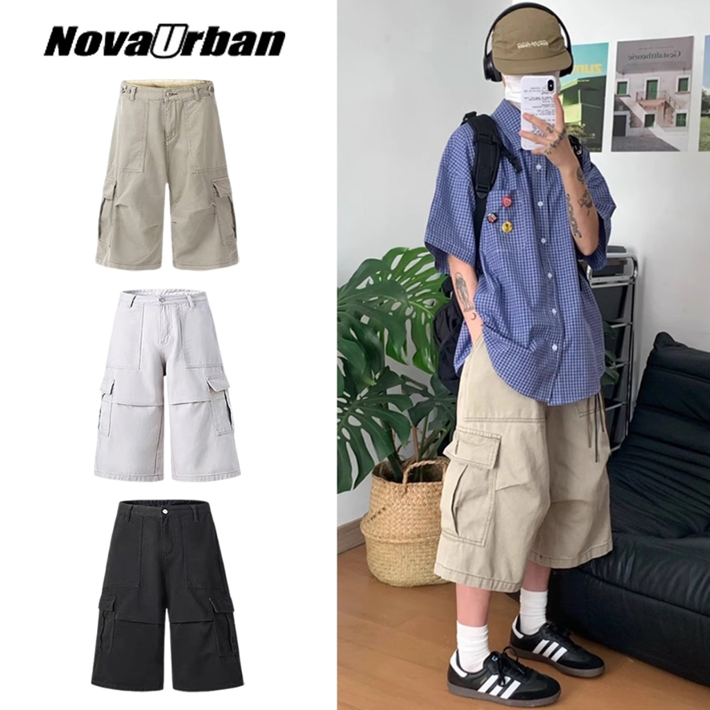 🔥Nova-Urban🔥ผู้ชาย กางเกงคาร์โก้ขาสั้น 7 ส่วน แบบบาง หลวมสบาย กระเป๋าใบใหญ่ เอวกลาง แบบกระดุม สไตล์อเมริกันสตรีท