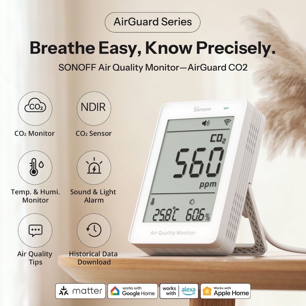 SONOFF SAWF-08P AirGuard CO2 Matter over Wi-Fi Air Quality Monitor ปรับปรุง Advice Mult เมตริกการตรวจสอบสิ่งแวดล้อม Matter ใช้งานร่วมกับ Alexa Apple Home