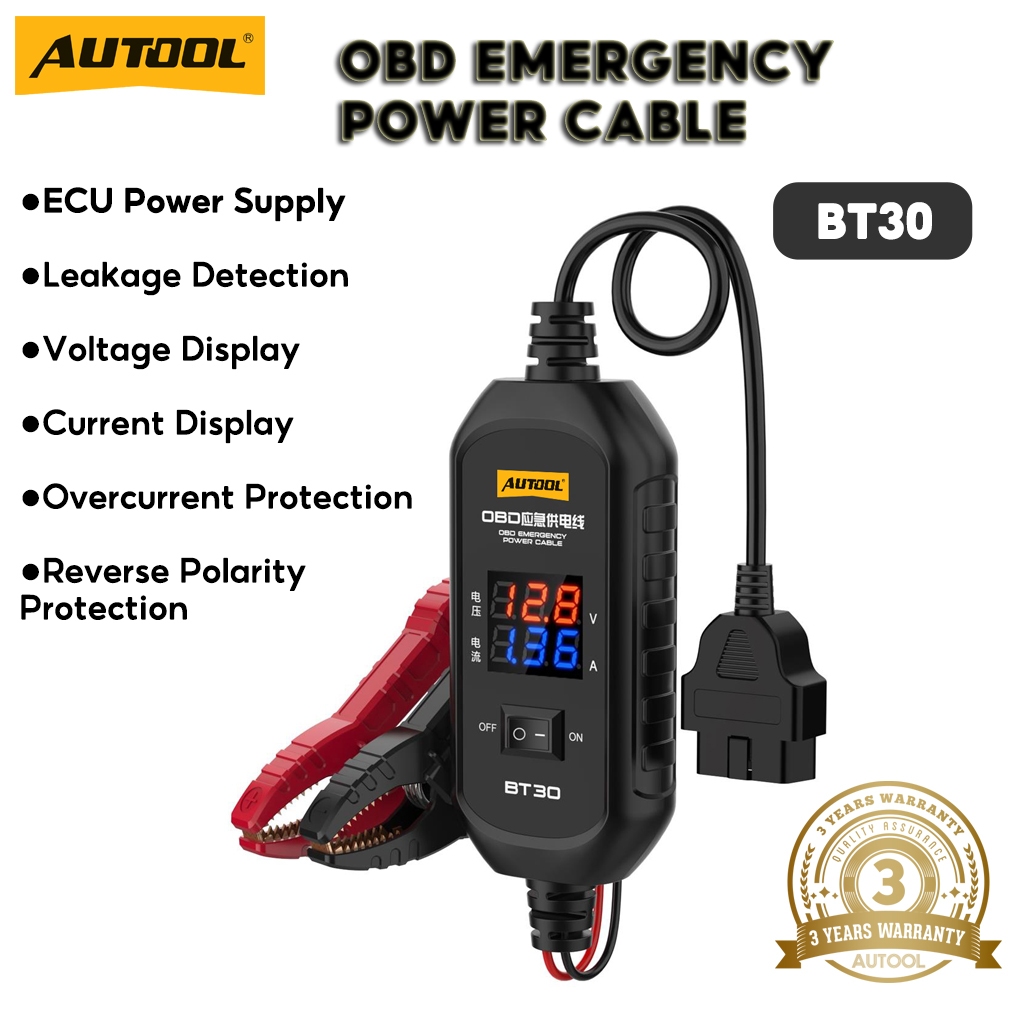 AUTOOL BT30 รถ OBD2 ECU Memory Saver เครื่องมือเปลี่ยนแบตเตอรี่สายไฟฉุกเฉิน ยานยนต์ OBD 2 II สายเชื่อมต่อแหล่งจ่ายไฟฉุกเฉินอัตโนมัติ