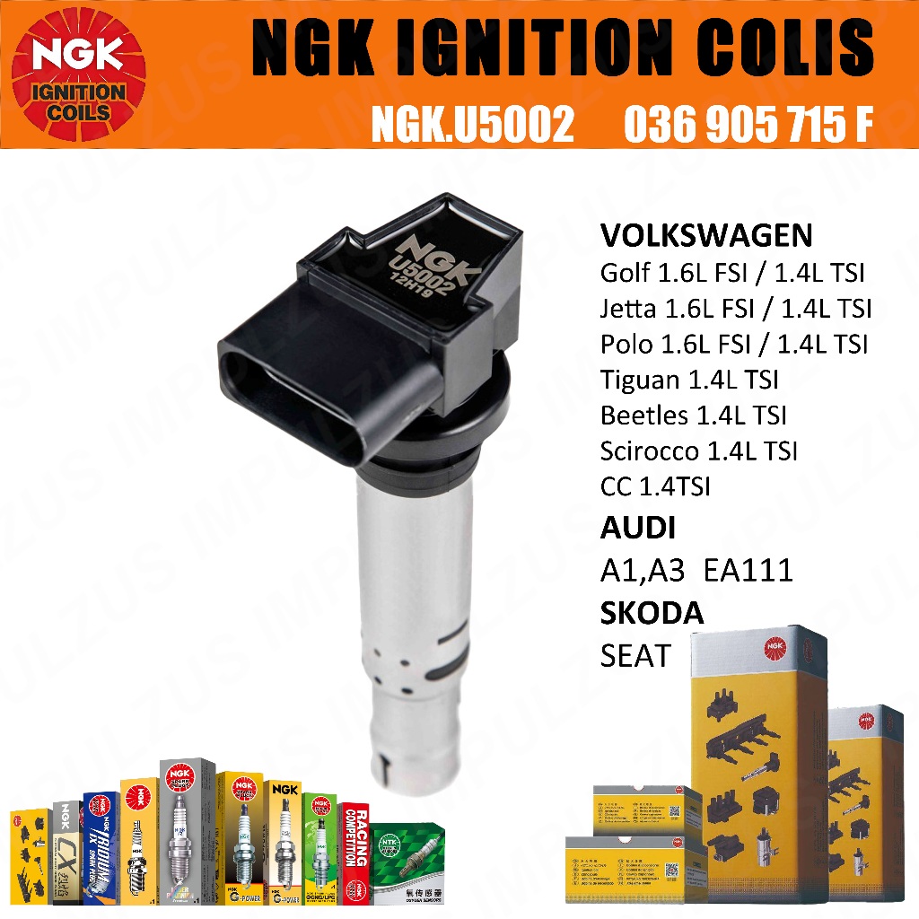 NGK IGNITION COIL U5002 ดั้งเดิม 100% 036905715F สําหรับ VW EA111 Polo Golf MK6 Jetta Scirocco 1.6L 