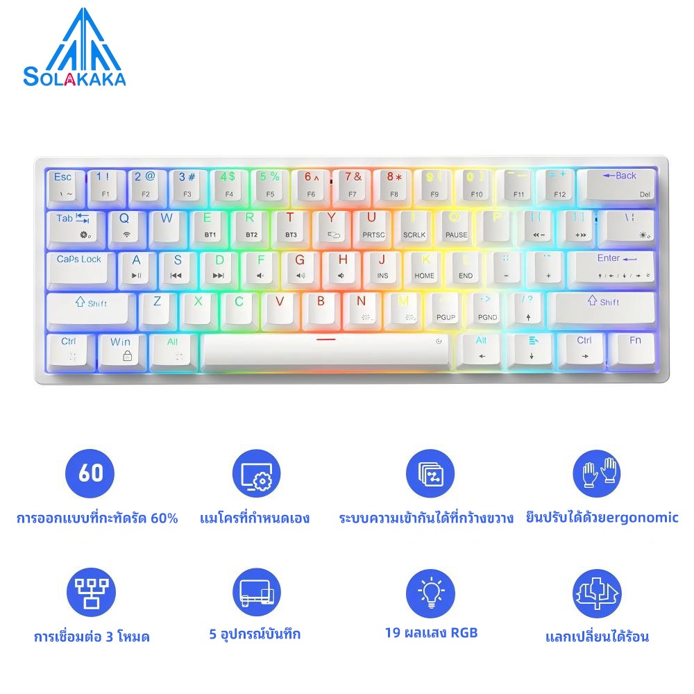 Solakaka SK961 คีย์บอร์ด 61 คีย์ Hot Swappable RGB Light Effect แบบมีสาย/2.4G/บลูทูธคีย์บอร์ดเกม