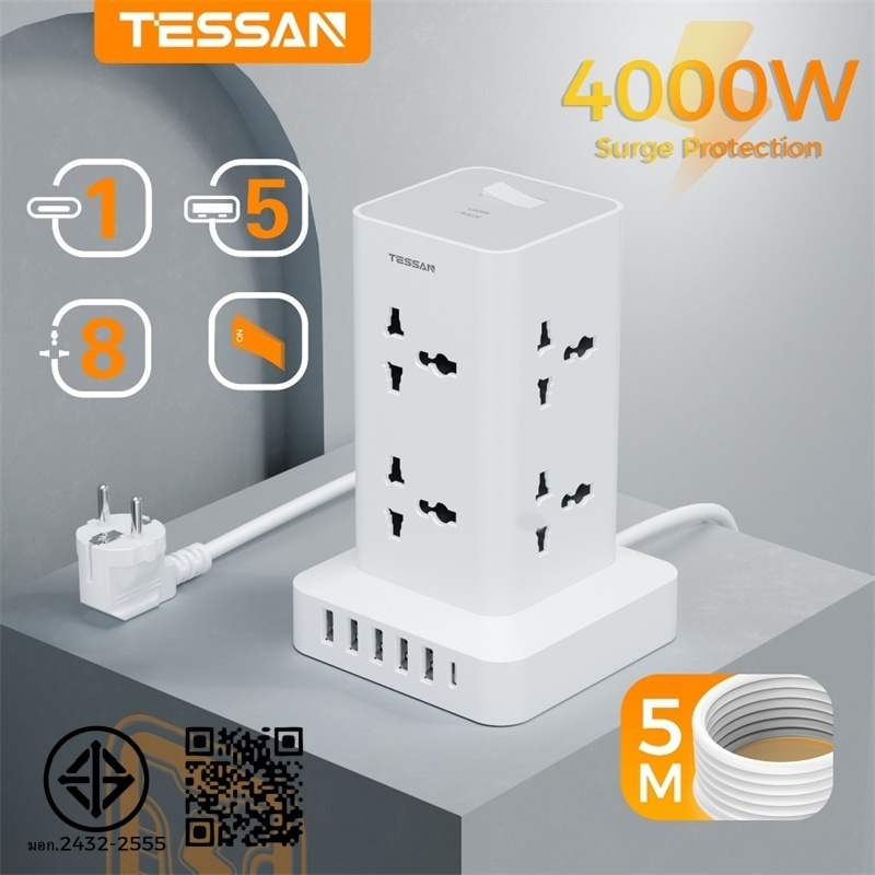 TESSAN ปลั๊กไฟ 5M 16A อะแดปเตอร์สากล ปลั๊กไฟแท้ 8 ซ็อกเก็ต 4000W ปลั๊กไฟพร้อมสวิตช์