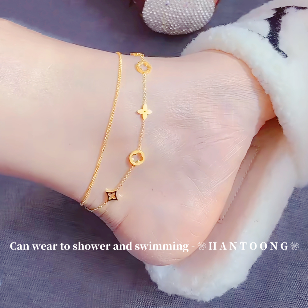 สร้อยข้อเท้าผู้หญิง สแตนเลสชุบทอง 18K กันน้ำ ไม่ลอก สีไม่หลุด เหมาะกับผิวแพ้ง่าย