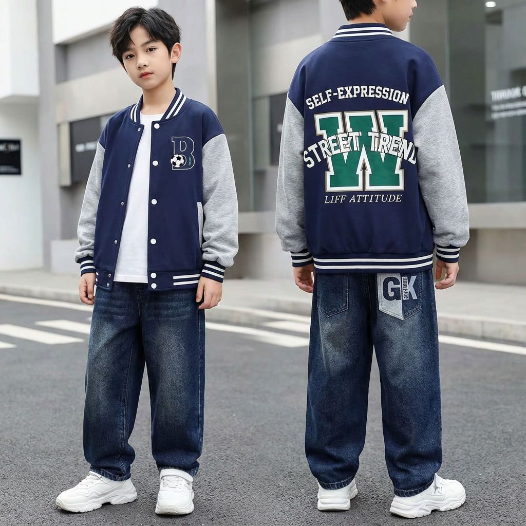 ชุดยีนส์เด็กผู้ชายรุ่นใหม่ เสื้อเบสบอลสไตล์เกาหลี + กางเกงยีนส์ มีการออกแบบที่ทันสมัย