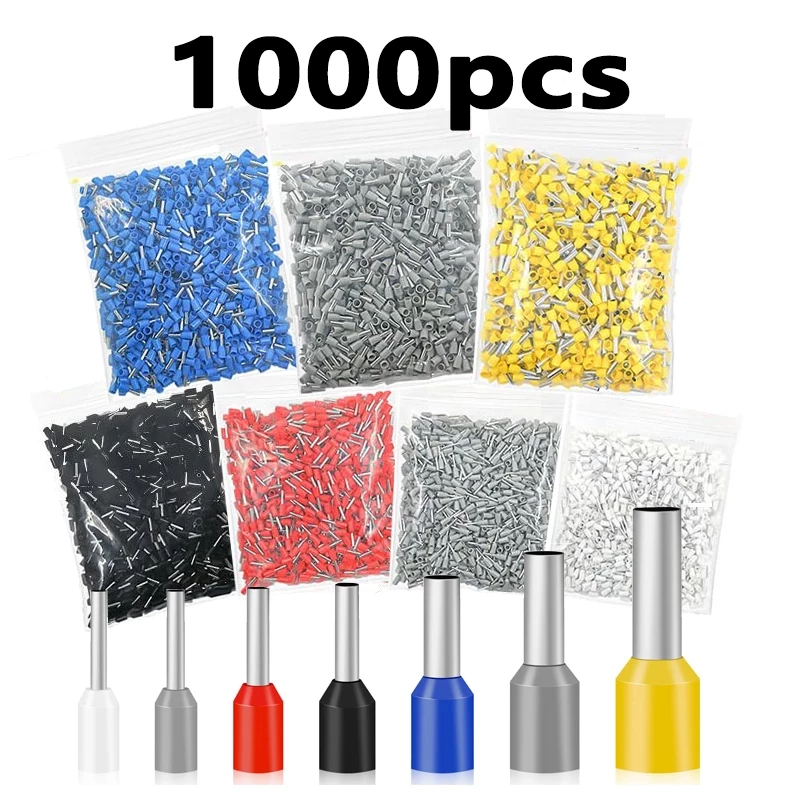 1000PCS E0508/E7508/E1008/E1508/E2508/E4009/E6012 Crimp Terminals สายไฟปลอกโลหะตัวเชื่อมต่อแหวนแขน