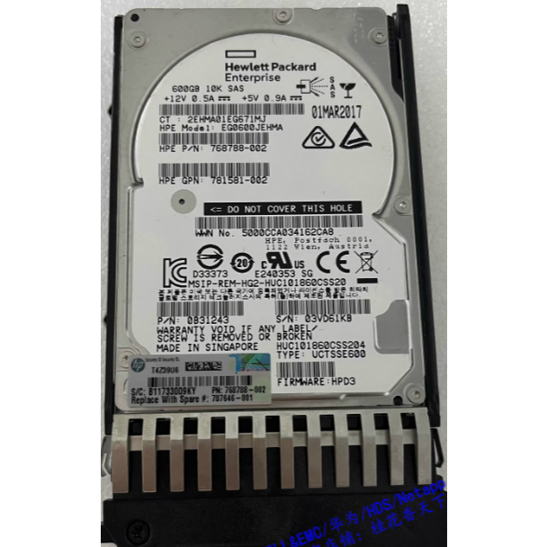 สําหรับ HP 787646-001 600G 10K SAS 12G 2.5 J9F46A MSA ฮาร์ดไดรฟ์จัดเก็บข้อมูล