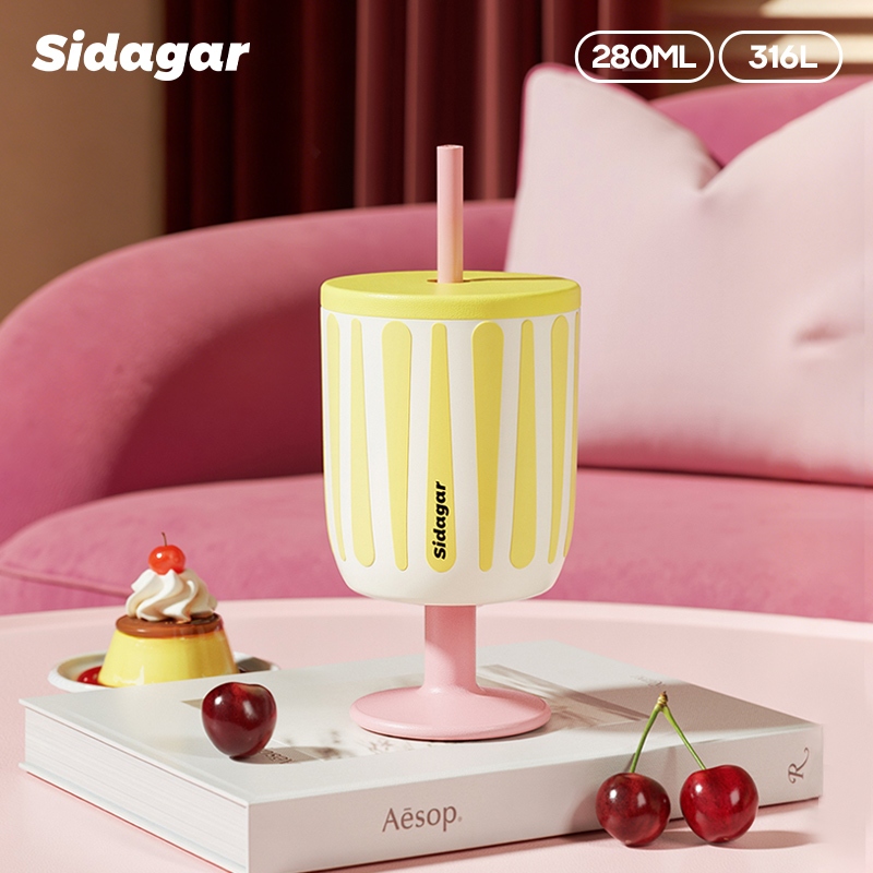 Sidagar 【2-in-1】แก้วเก็บความเย็นสเตนเลสสตีล 2 ชั้น ทนทาน พร้อมดีไซน์ป้องกันการรั่วซึม มีหลอดและฐาน（280ml/316L）