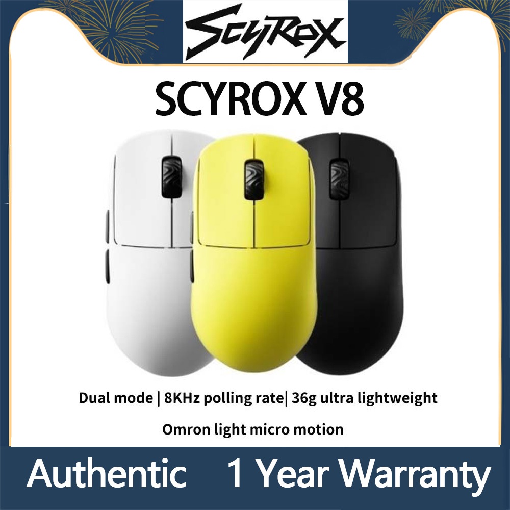 SCYROX V8 เมาส์เล่นเกมไร้สายน้ําหนักเบาพิเศษฟรีรูขุมขน, เซ็นเซอร์ pixart 3950, อัตราการผสมเกสร 8K