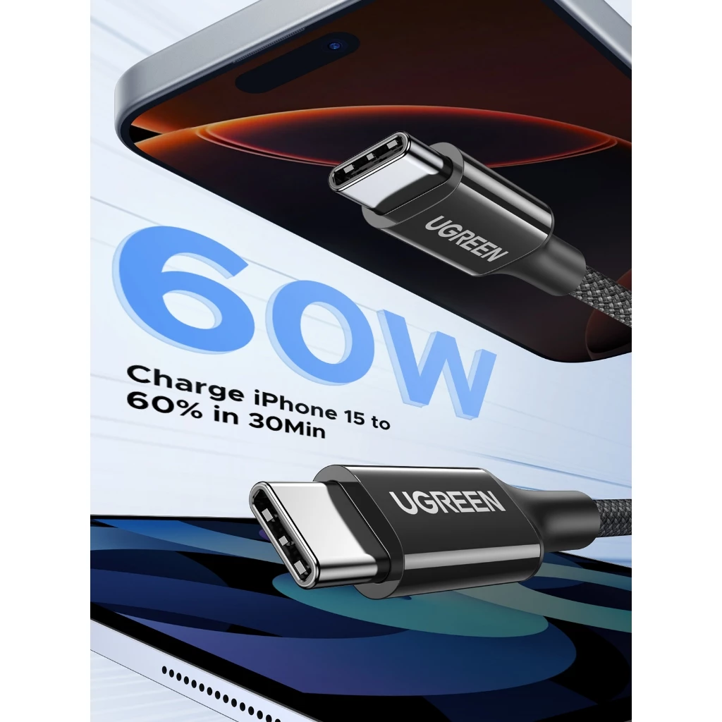 UGREEN สาย USB C to USB C, 60W USB C Fast Charge Cable Nylon Braided Type C เข้ากันได้กับ iPhone 17/16,MacBook Air/Pro, iPad Pro/Mini/Air thumbnail 3
