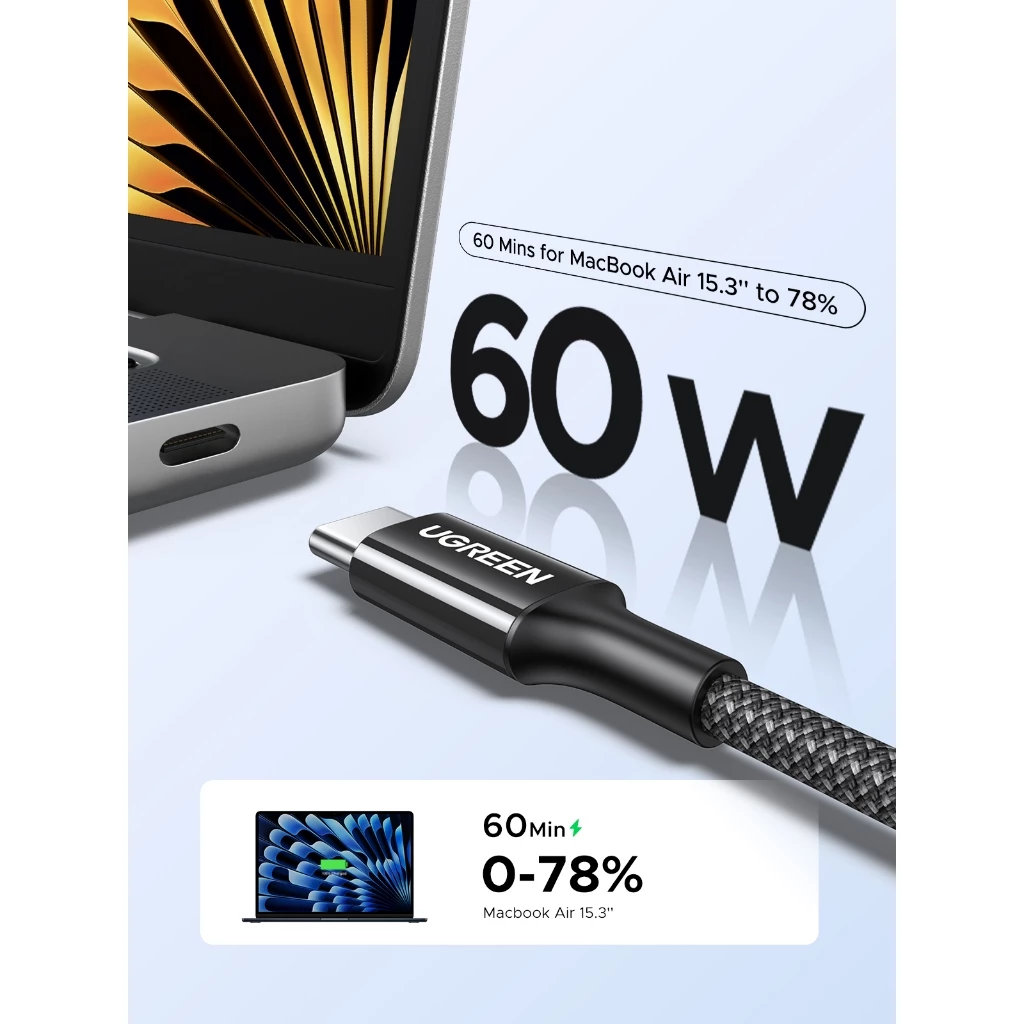 UGREEN สาย USB C to USB C, 60W USB C Fast Charge Cable Nylon Braided Type C เข้ากันได้กับ iPhone 17/16,MacBook Air/Pro, iPad Pro/Mini/Air thumbnail 5