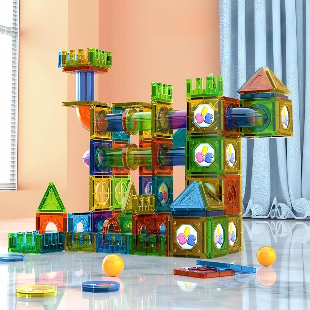 แผ่นแม่เหล็กต่อท่อสีสันสดใส 7.5cm ขนาดใหญ่ แรงแม่เหล็กสูง ของเล่นตัวต่อ diy 3-6 ปี พร้อมกล่องเก็บของ