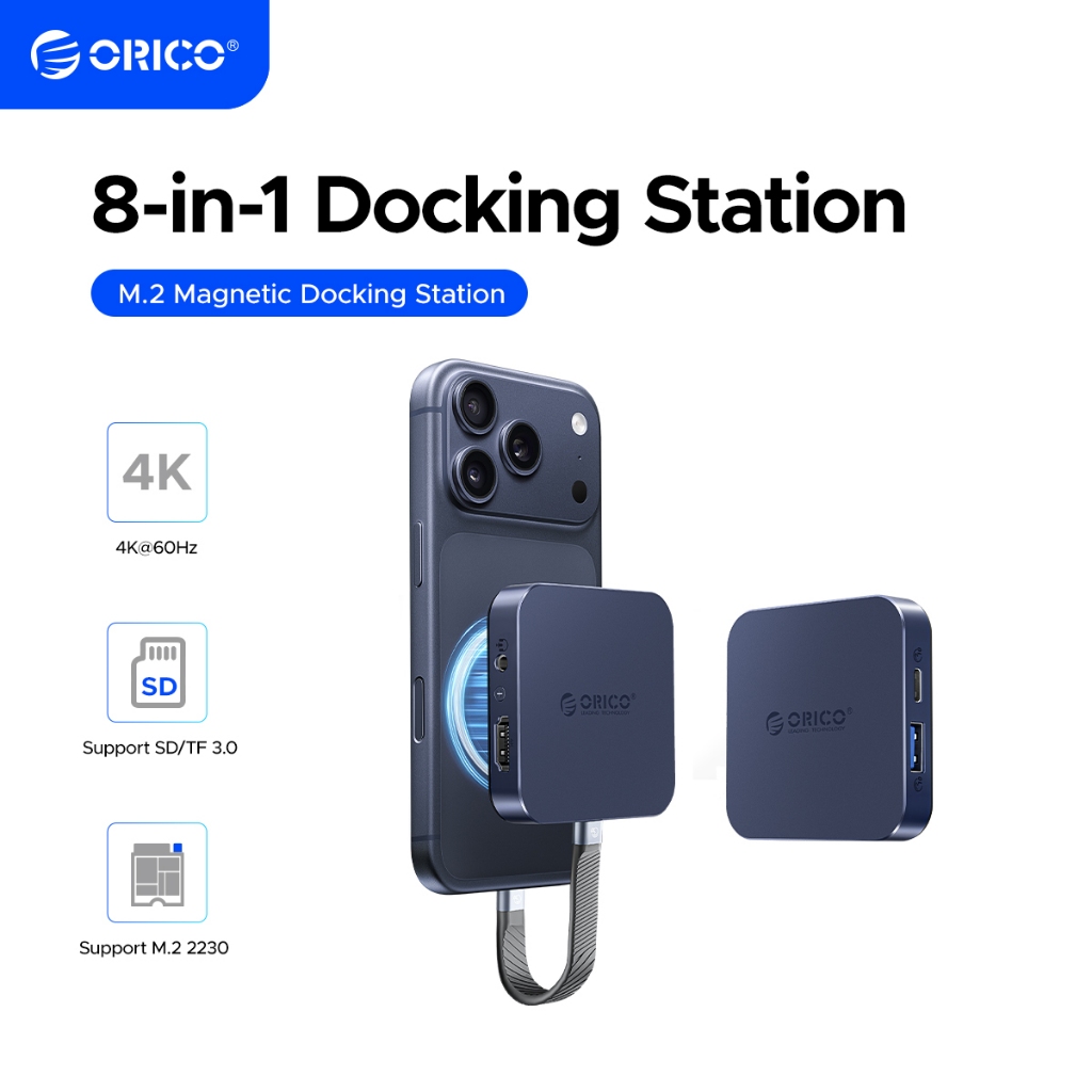 ORICO สถานีเชื่อมต่อแบบพกพา 8 ใน 1 ฮับแม่เหล็ก TF/SD 3.0 เครื่องอ่านการ์ด 4K ประเภท C HDMI RJ45 อะแด
