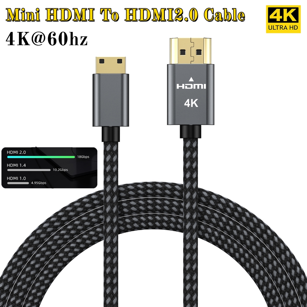 สาย Mini HDMI to HDMI 2.0 ความเร็วสูง 4K @ 60Hz เข้ากันได้กับแล็ปท็อปพีซีกล่องทีวี