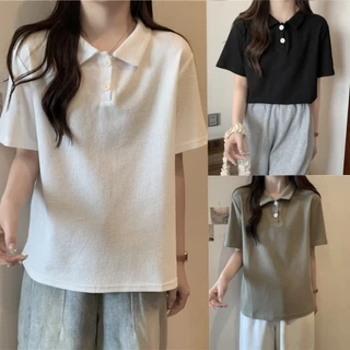เสื้อโปโลแขนสั้นสไตล์เกาหลี เสื้อเชิ้ตลายสก๊อตหลวม ท็อปส์ซูสีทึบ