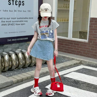 honeywears⚡พร้อมส่ง⚡กระโปรงกางเกงยีนส์เด็ก กงงยีนส์ขาสั้นอินเทรนด์ ผ้านิ่ม เอวยางยืด แฟชั่นเด็กผู้หญิงสไตล์เกาหลี สวมใส่ง่ายในวันสบายๆ ไซส์ 110-160
