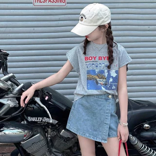 honeywears⚡พร้อมส่ง⚡กระโปรงกางเกงยีนส์เด็ก กงงยีนส์ขาสั้นอินเทรนด์ ผ้านิ่ม เอวยางยืด แฟชั่นเด็กผู้หญิงสไตล์เกาหลี สวมใส่ง่ายในวันสบายๆ ไซส์ 110-160