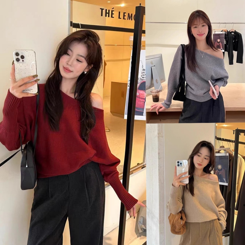 เสื้อไหมพรมเปิดไหล่สไตล์เกาหลี เสื้อกันหนาวถักสีแดง สีทึบหลวม