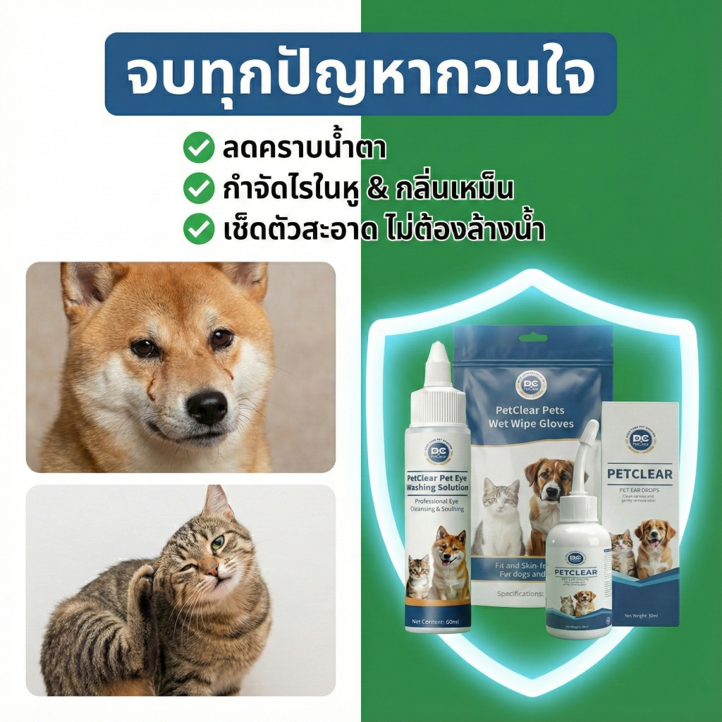PetClear ชุดทำความสะอาดสัตว์เลี้ยง 3in1 (น้ำยาเช็ดหู + เช็ดตา + ถุงมือ) ลดคราบน้ำตา ไรในหู กลิ่นเหม็ – โปรปัง
