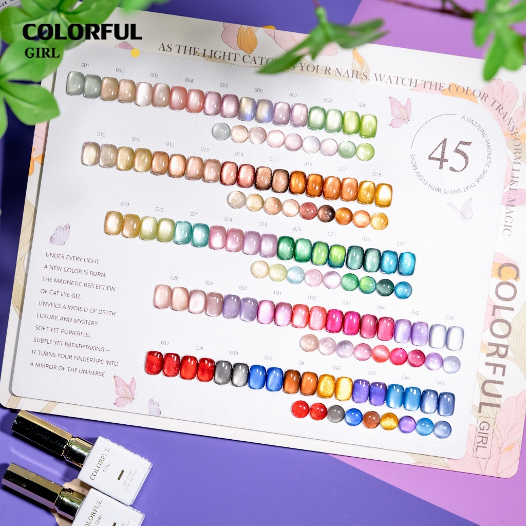 【พร้อมส่ง】COLORFUL GIRL 45 สี ✨ สีเจลแคทอายเนื้อซาติน + สีเจลแคทอายลูกแก้ว ครบเซ็ต 45 สี  ติดทนนาน เงางามประกายหรูหรา เหมาะสำหรับร้านทำเล็บมืออาชีพและใช้ส่วนตัว แถมฟรีชาร์ทสี Cat Eye 45 สี (ทามาให้แล้ว พร้อมใช้งาน)