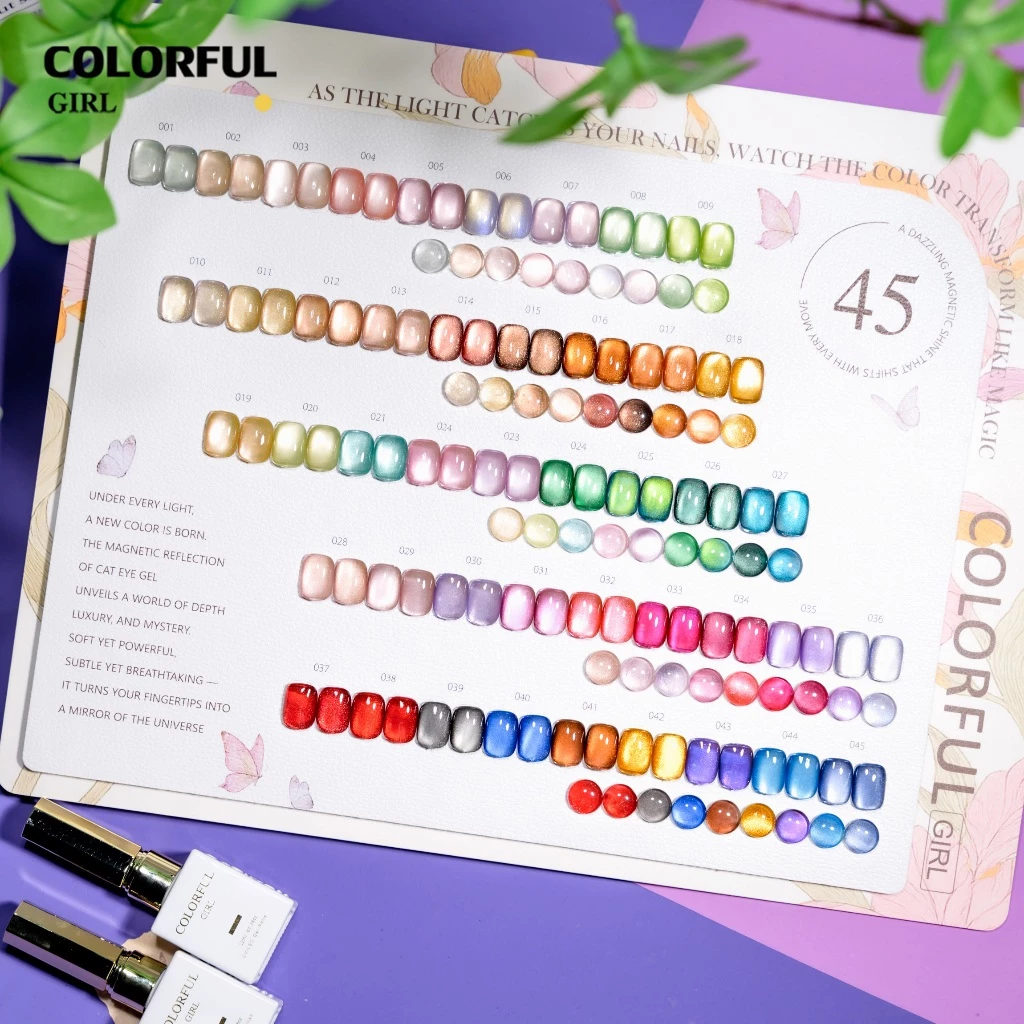 【พร้อมส่ง】COLORFUL GIRL 45 สี ✨ สีเจลแคทอายเนื้อซาติน + สีเจลแคทอายลูกแก้ว ครบเซ็ต 45 ติดทนนาน เงางามประกายหรูหรา เหมาะสำหรับร้านทำเล็บมืออาชีพและใช้ส่วนตัว แถมฟรีชาร์ท Cat Eye 45 สี (ทามาให้แล้ว พร้อมใช้งาน)