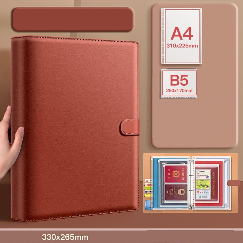 【มาพร้อมกับ 12 หน้า】สมุดเก็บเอกสาร、แฟ้มจัดเก็บขนาดใหญ่ ที่จัดระเบียบเอกสารครอบครัวหนังหนาพรีเมี่ยมพร้อมกระเป๋าซีลด้านข้างหลายขนาด (A4/B5) หน้าโปร่งใสกันฝุ่นและความชื้นเหมาะสําหรับใบรับรองและไฟล์ส