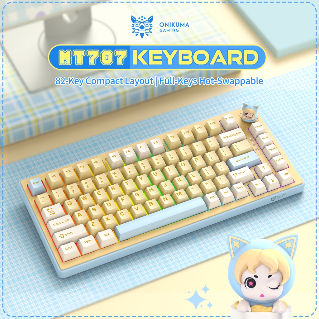 ONIKUMA MT707 คีย์บอร์ดเชิงกลแบบมีสายและไร้สายสามโหมด 81 คีย์ MINT SWITCH RGB 3 สี