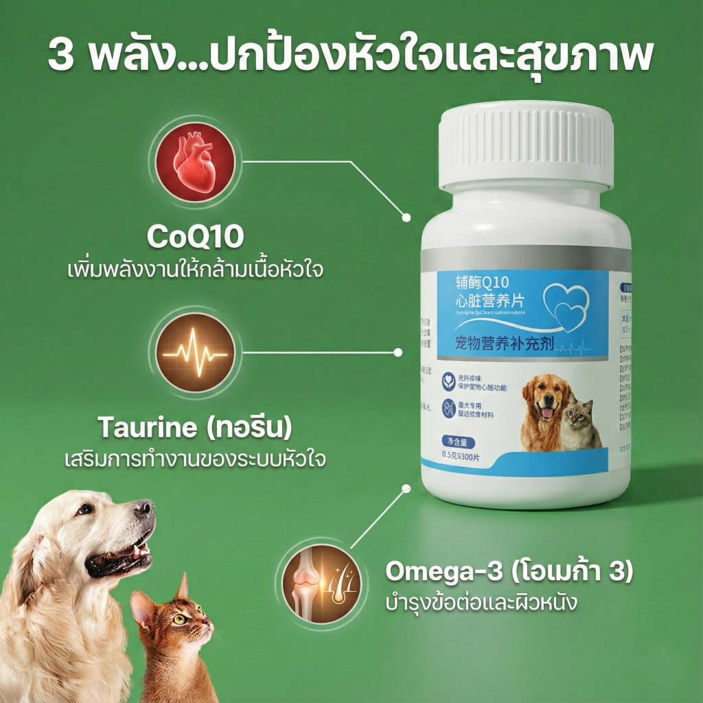 [300 เม็ด] PetClear CoQ10 วิตามินบำรุงหัวใจ สุนัข แมว ผสมทอรีน + Omega 3 | ลดอาการหอบ เหนื่อยง่าย |