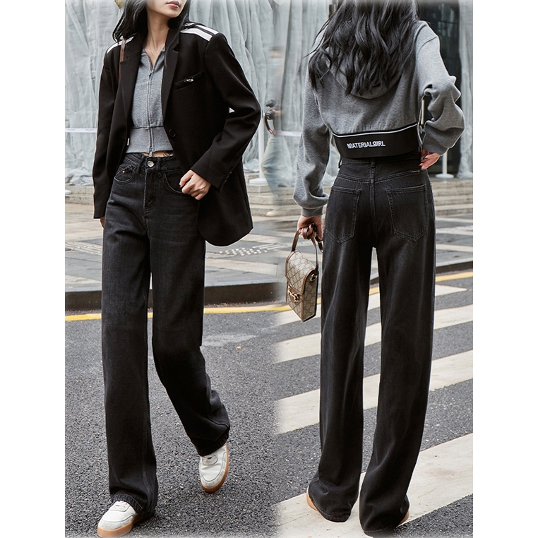 (S-2XL)กางเกงยีนส์ขาบานเอวสูงสีดำสำหรับผู้หญิง ใหม่ล่าสุดในฤดูใบไม้ร่วง