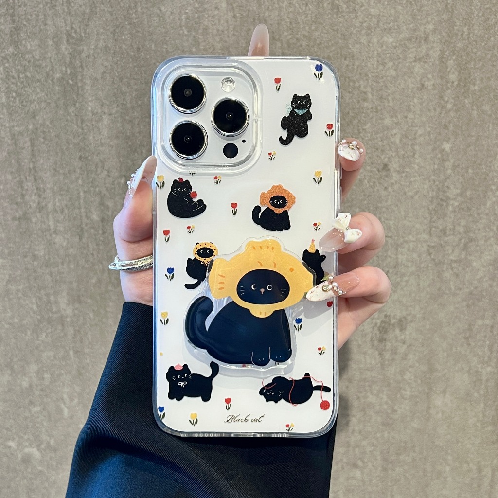 Ins ดอกไม้น่ารัก Snapper Burnt Head Cover Black Cat Stand เคสไอโฟน 11/12/13/14 Plus/15/16/17 Pro Max Apple Xr/XsMax เคสโทรศัพท์ผู้หญิง, Anti Drop ฝาครอบป้องกัน,