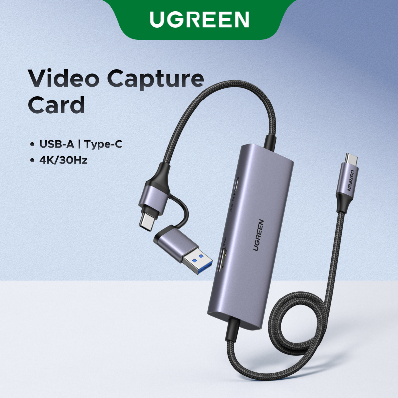 UGREEN การ์ดจับภาพวิดีโอ 4K@30Hz 2-in-1 USB-A/USB C สายถักเปลือกอลูมิเนียมเข้ากันได้กับระบบ Windows 