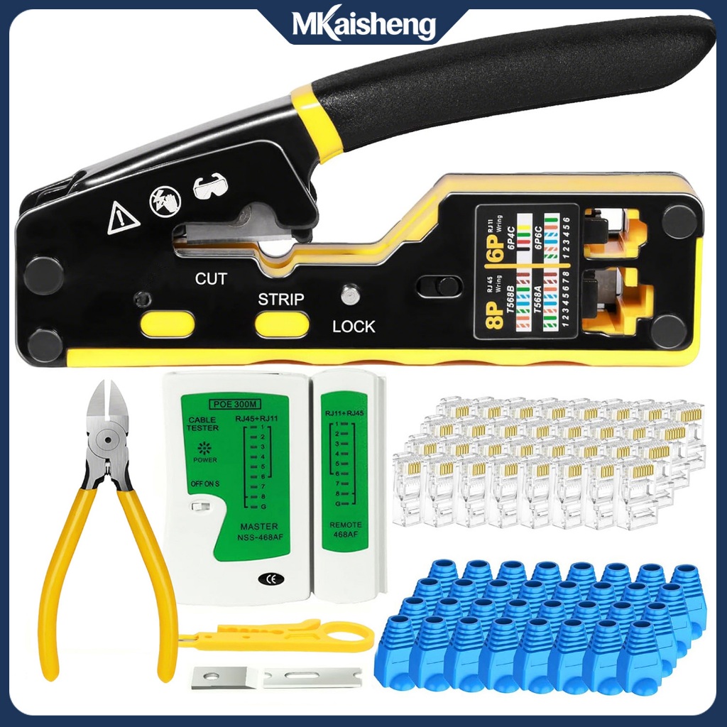 เครื่องมือย้ำ RJ45 แบบ Pass-Thru Ethernet Crimper สำหรับขั้วต่อแบบโมดูลาร์ Cat5e Cat6 Cat6a 8P8C