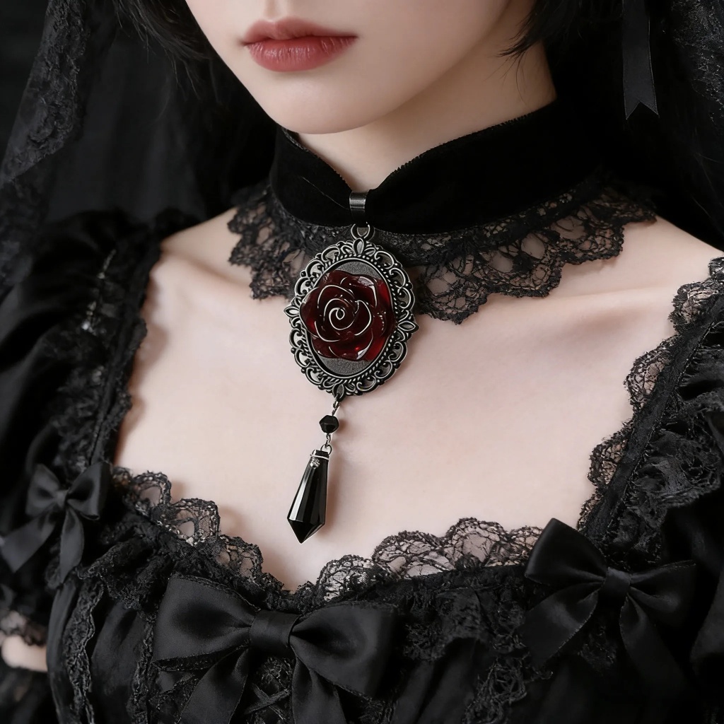 สร้อยคอโกธิค Dark Rose สร้อยคอChoker Suede Collar สร้อยคอโซ่คริสตัลสีดําฮาโลวีน